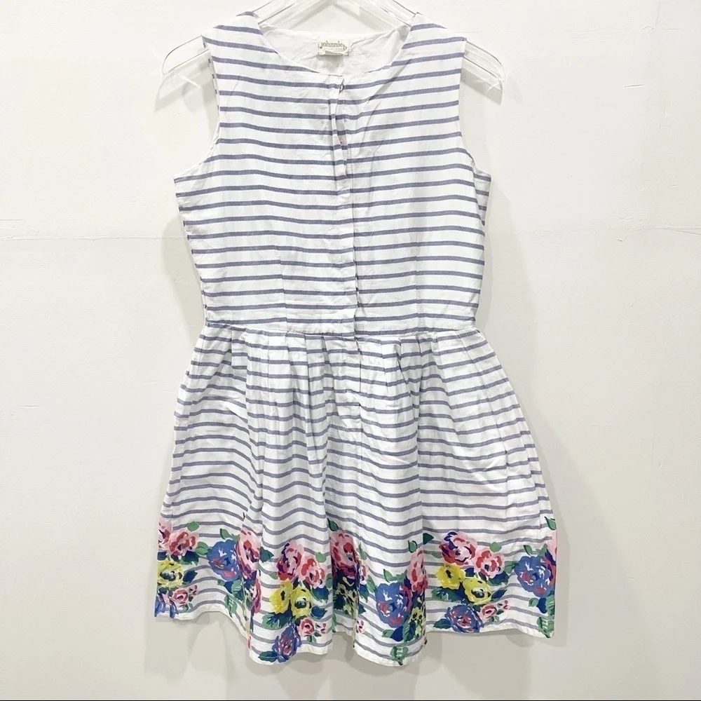 Mini Boden Johnnie B Stripe Floral Trim Cotton Sleeveless Dress Size 15-16y
